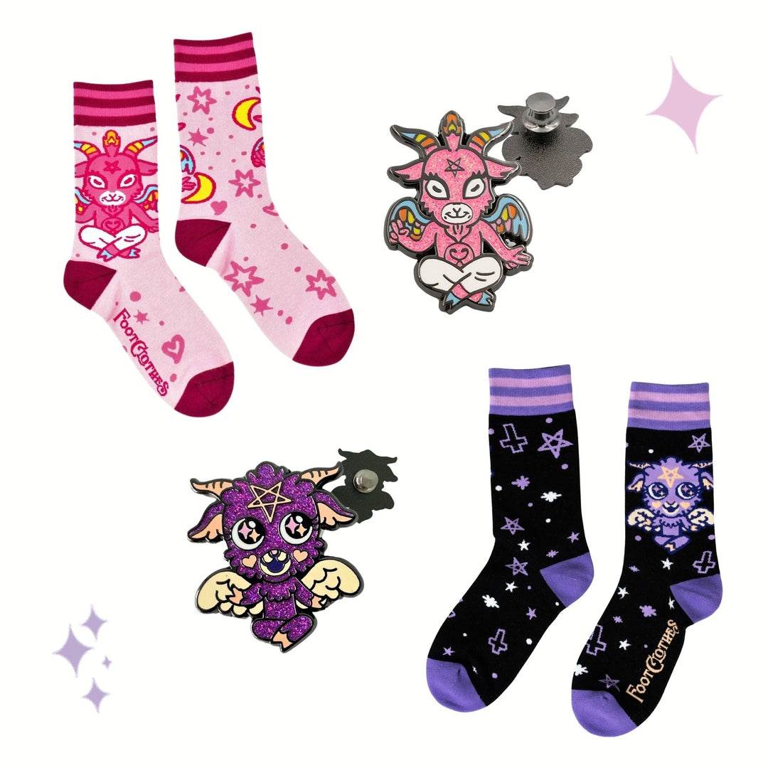 Cute and Baby Baphomet Socks and Pins Gift Pack - 