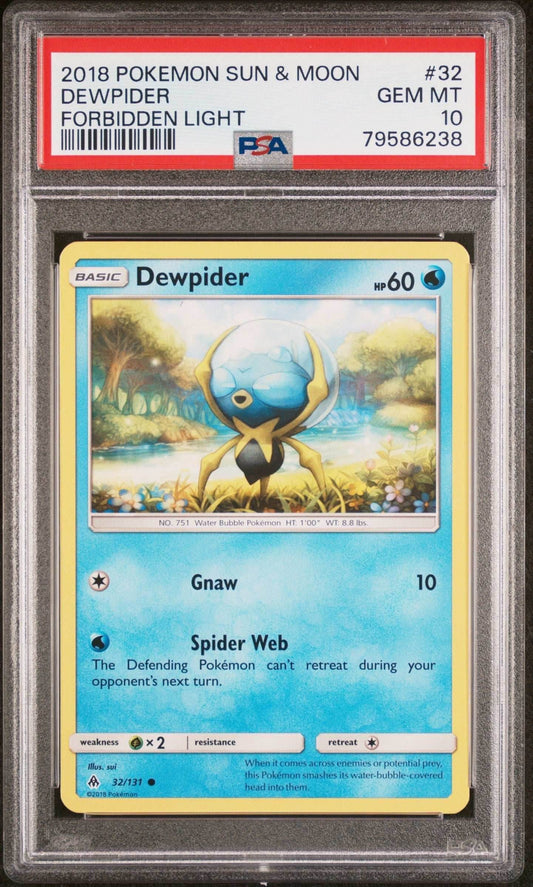 2018 POKEMON SUN & MOON FORBIDDEN LIGHT DEWPIDER #32 - PSA GEM MT 10 - 