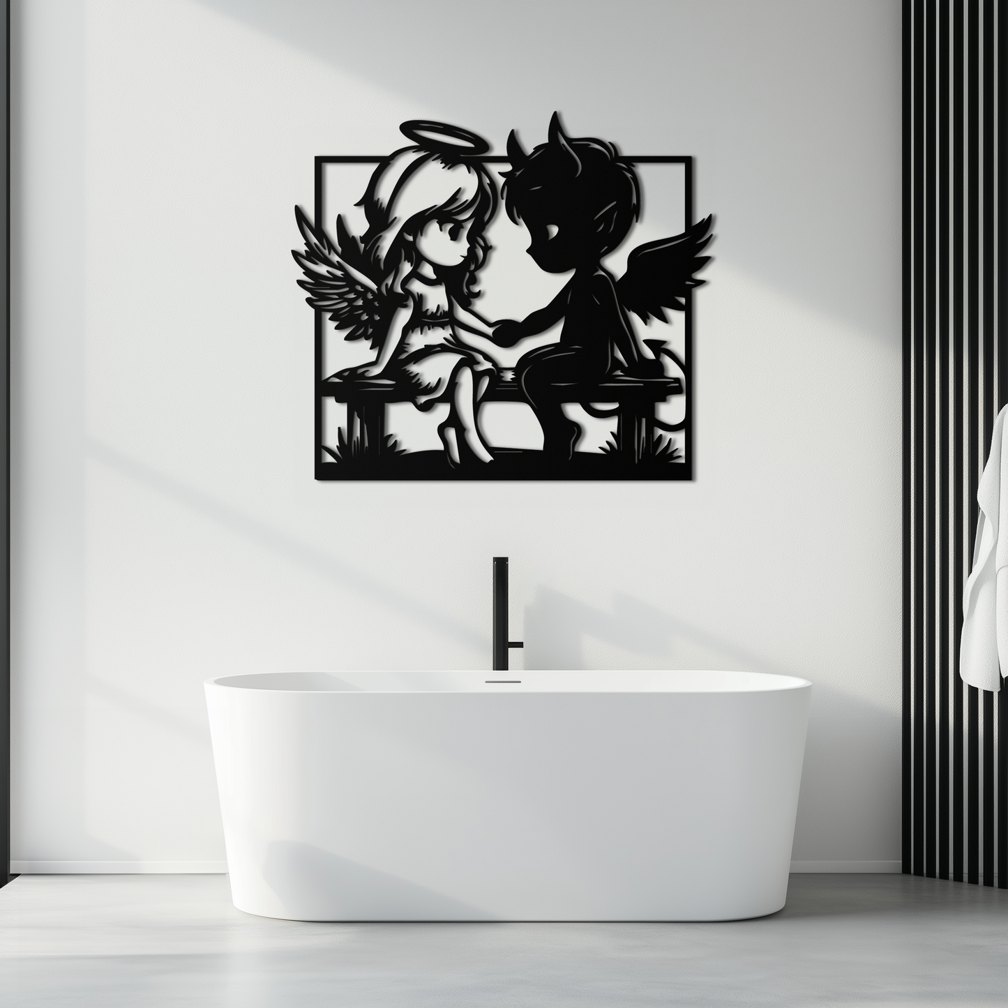 Angel and Devil Holding Hands Metal Wall Art – Whimsical Love Contrast Silhouette- KAF591