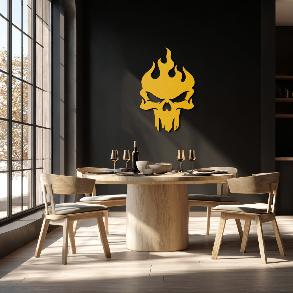 Flaming Skull Metal Wall Art – Bold Gothic Flame Skull Design- KAF623