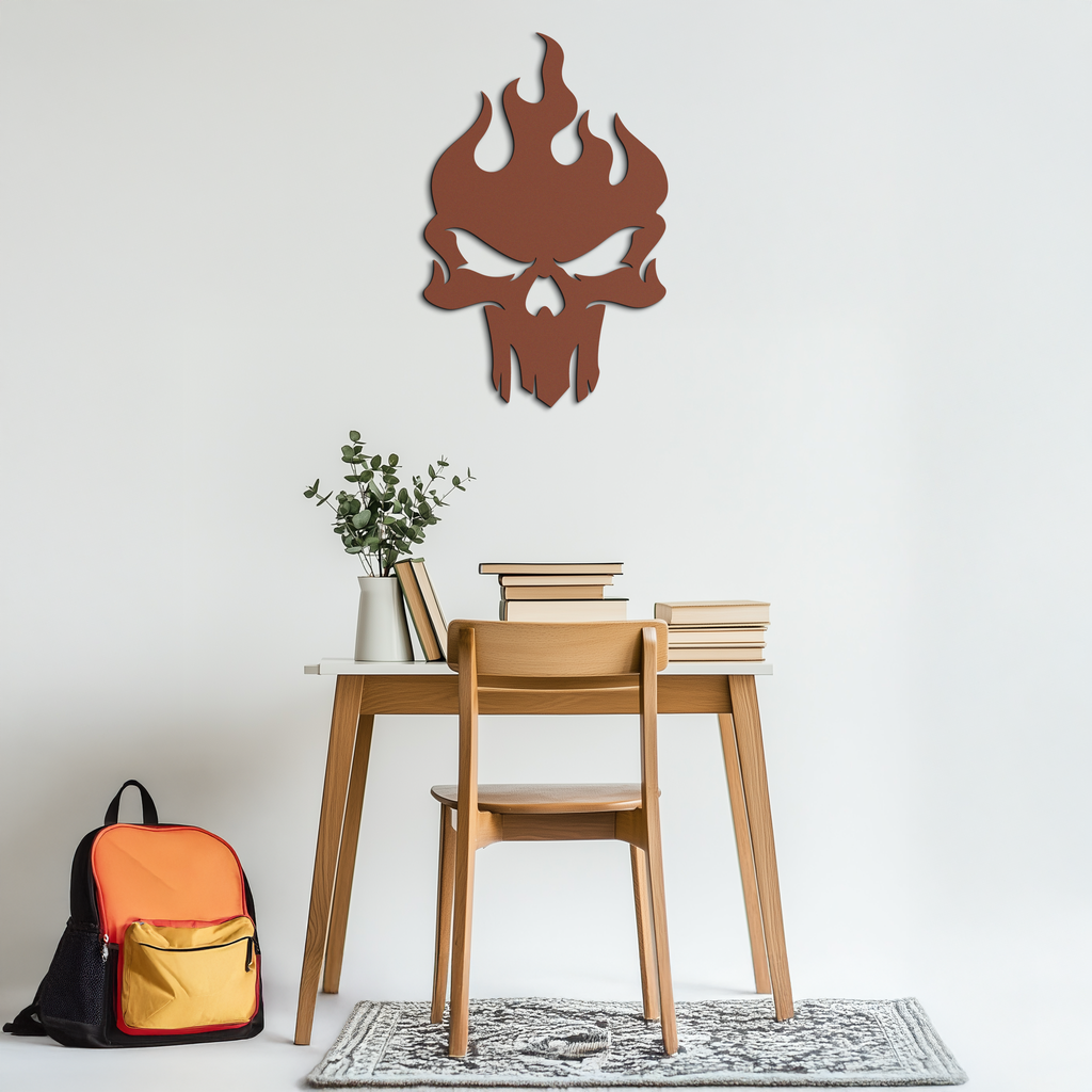 Flaming Skull Metal Wall Art – Bold Gothic Flame Skull Design- KAF623