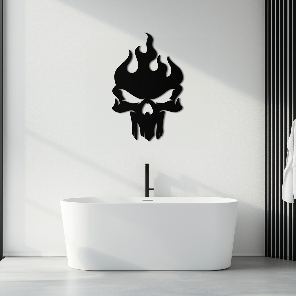 Flaming Skull Metal Wall Art – Bold Gothic Flame Skull Design- KAF623