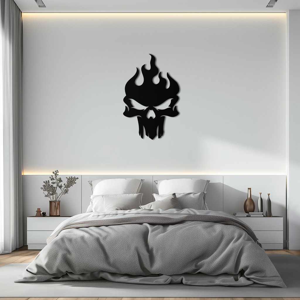 Flaming Skull Metal Wall Art – Bold Gothic Flame Skull Design- KAF623