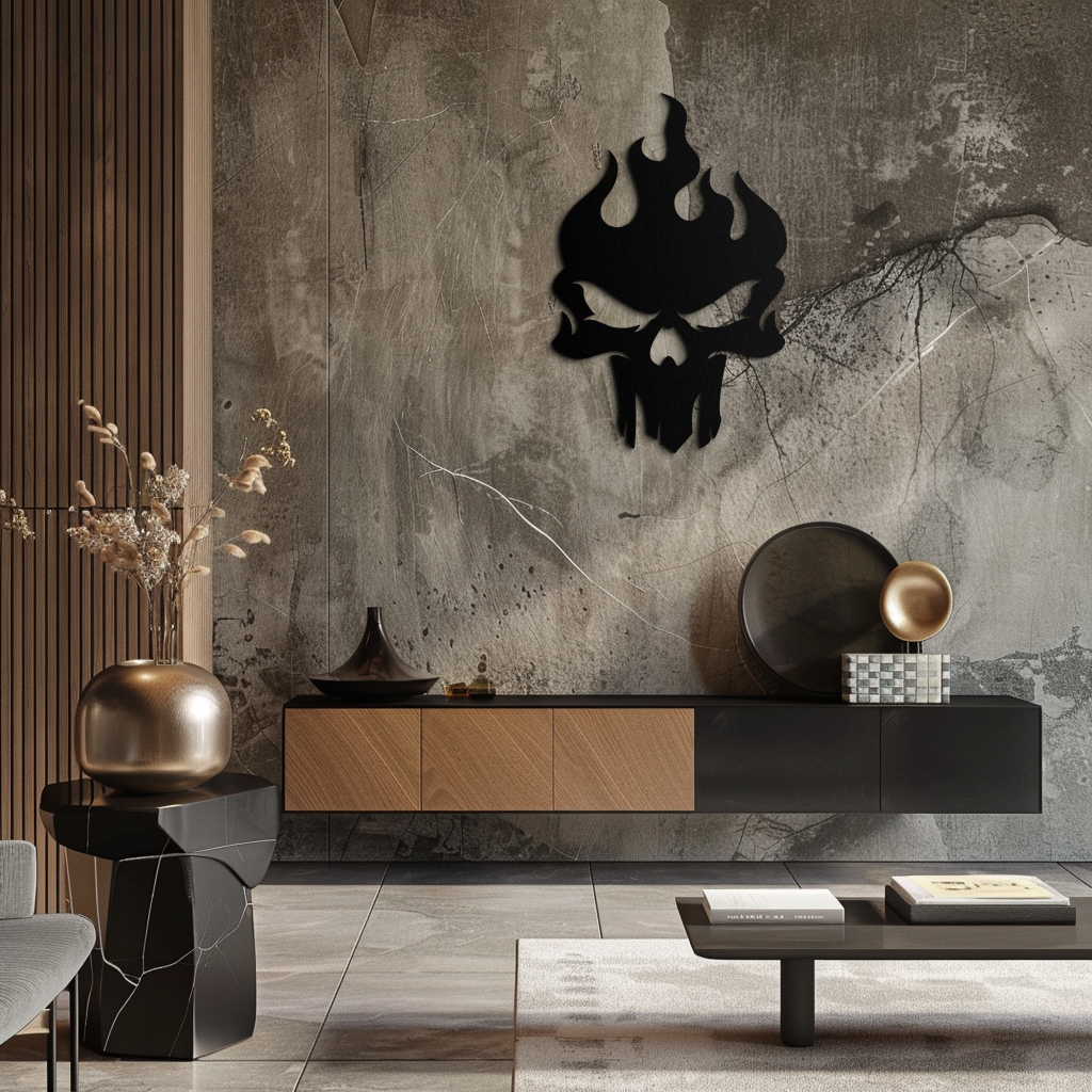 Flaming Skull Metal Wall Art – Bold Gothic Flame Skull Design- KAF623