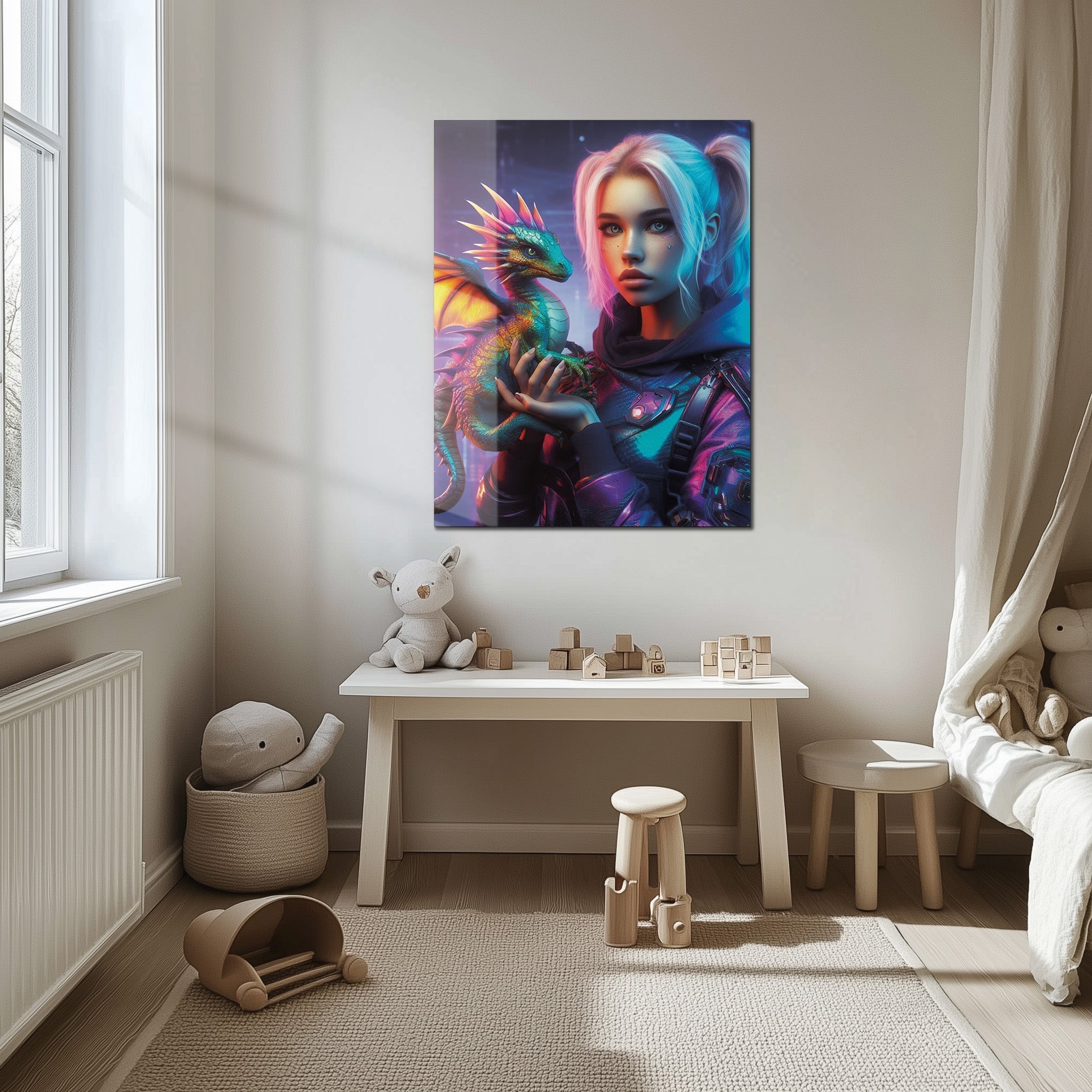 Cyberpunk Girl and Dragon Glass Wall Art – Neon Fantasy Sci-Fi Character Design-KAFCD008