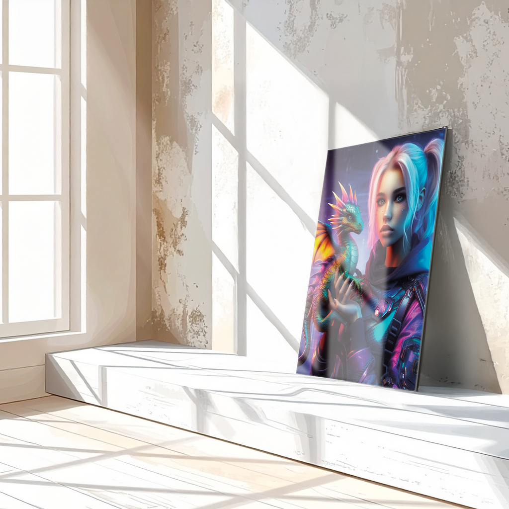 Cyberpunk Girl and Dragon Glass Wall Art – Neon Fantasy Sci-Fi Character Design-KAFCD008