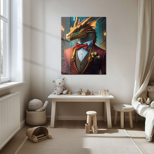 Dapper Dragon Gentleman Glass Wall Art – Fantasy Beast in Elegant Red Suit-KAFCD011