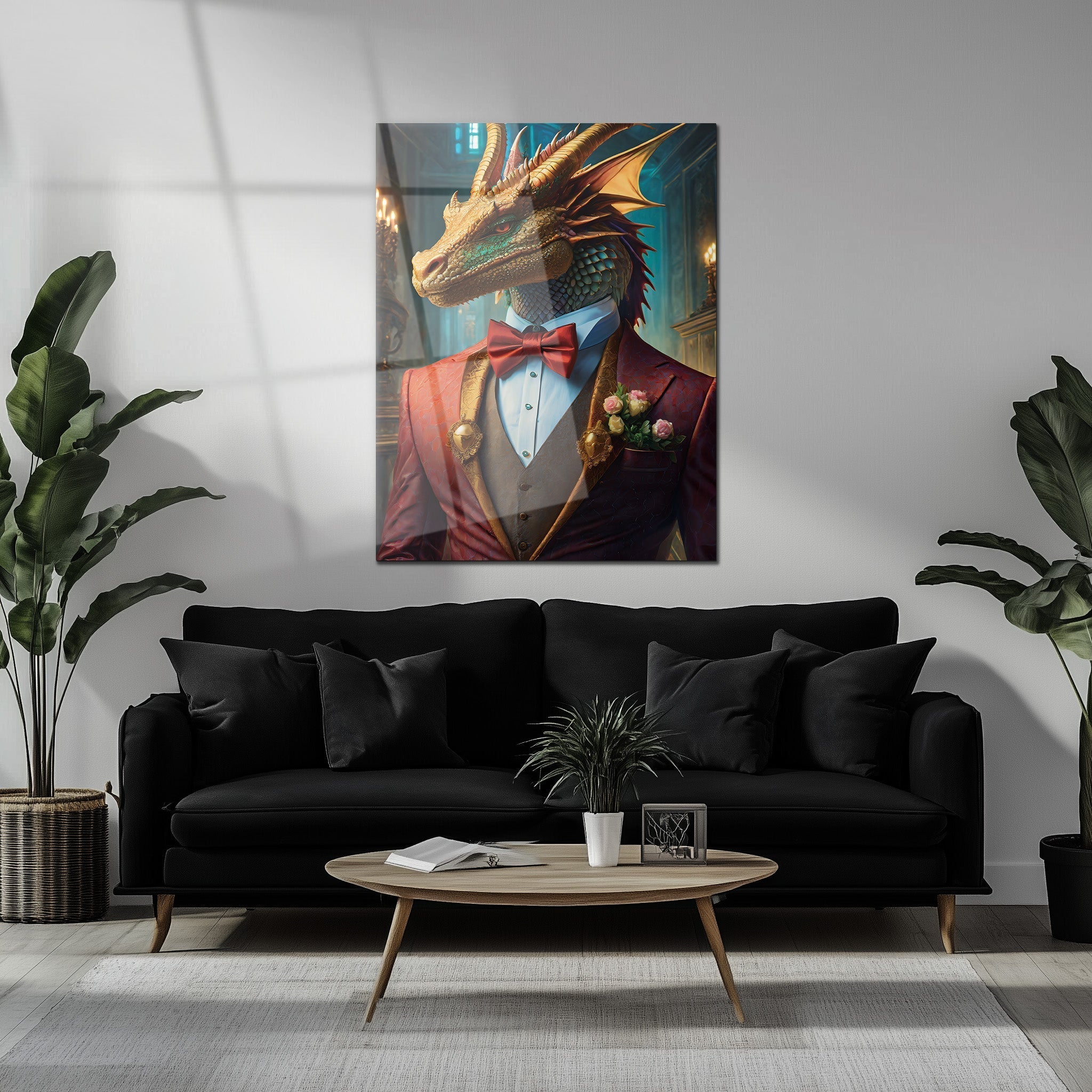 Dapper Dragon Gentleman Glass Wall Art – Fantasy Beast in Elegant Red Suit-KAFCD011