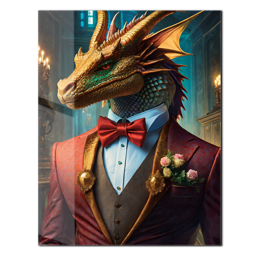 Dapper Dragon Gentleman Glass Wall Art – Fantasy Beast in Elegant Red Suit-KAFCD011