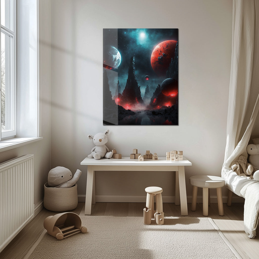 Alien Planet Landscape Glass Wall Art – Sci-Fi Cosmic UV Print Design-KAFCD055