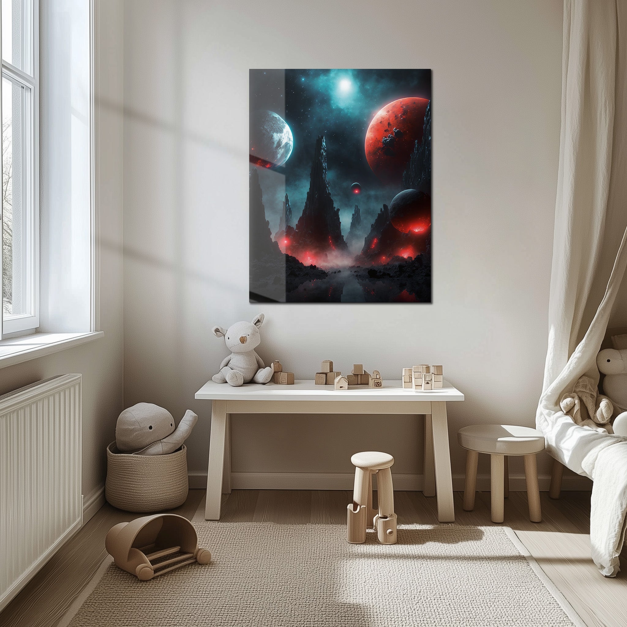 Alien Planet Landscape Glass Wall Art – Sci-Fi Cosmic UV Print Design-KAFCD055