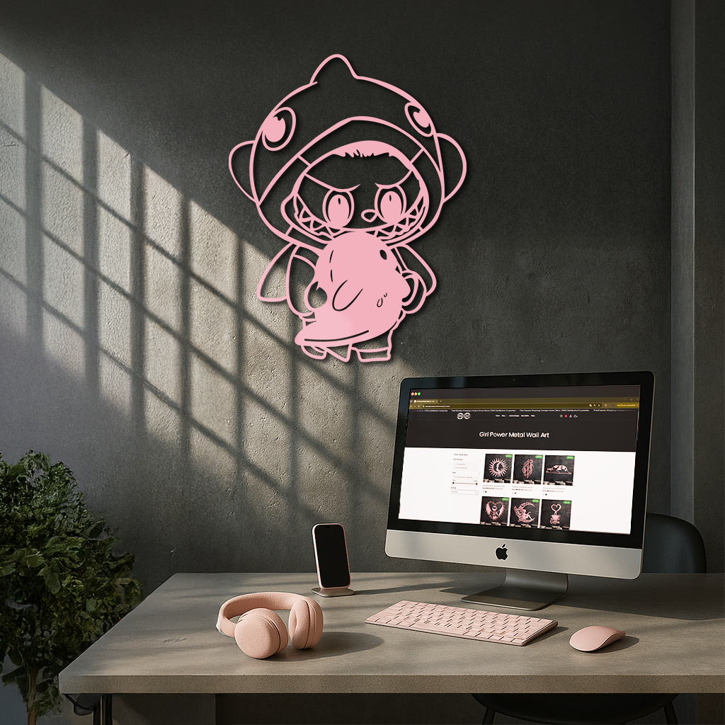 Labubu Character Silhouette – Pink Metal Wall Art - KAFGP166