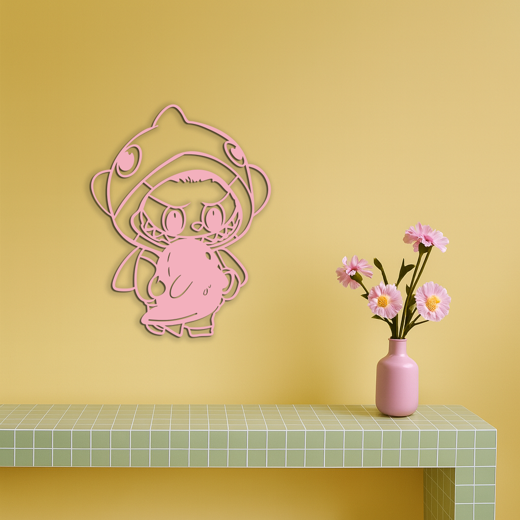 Labubu Character Silhouette – Pink Metal Wall Art - KAFGP166