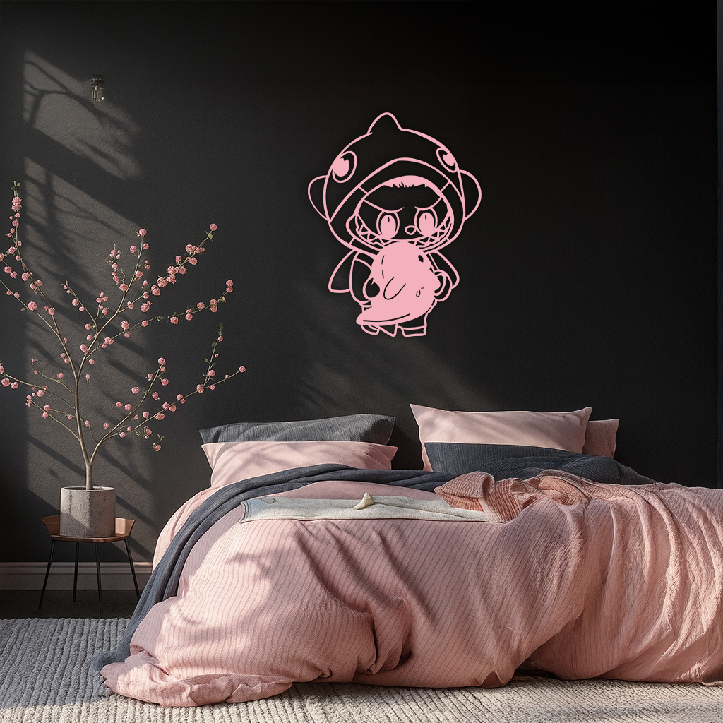 Labubu Character Silhouette – Pink Metal Wall Art - KAFGP166