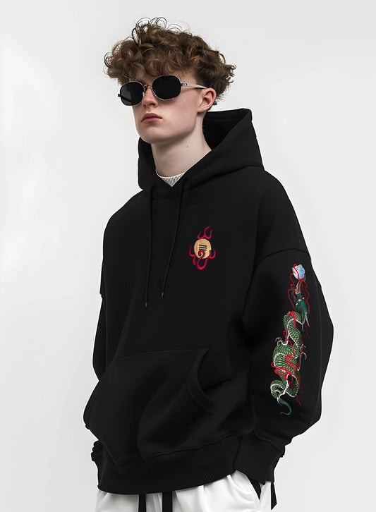 KH9005 Green Dragon Embroidery Hoodie - Black / S