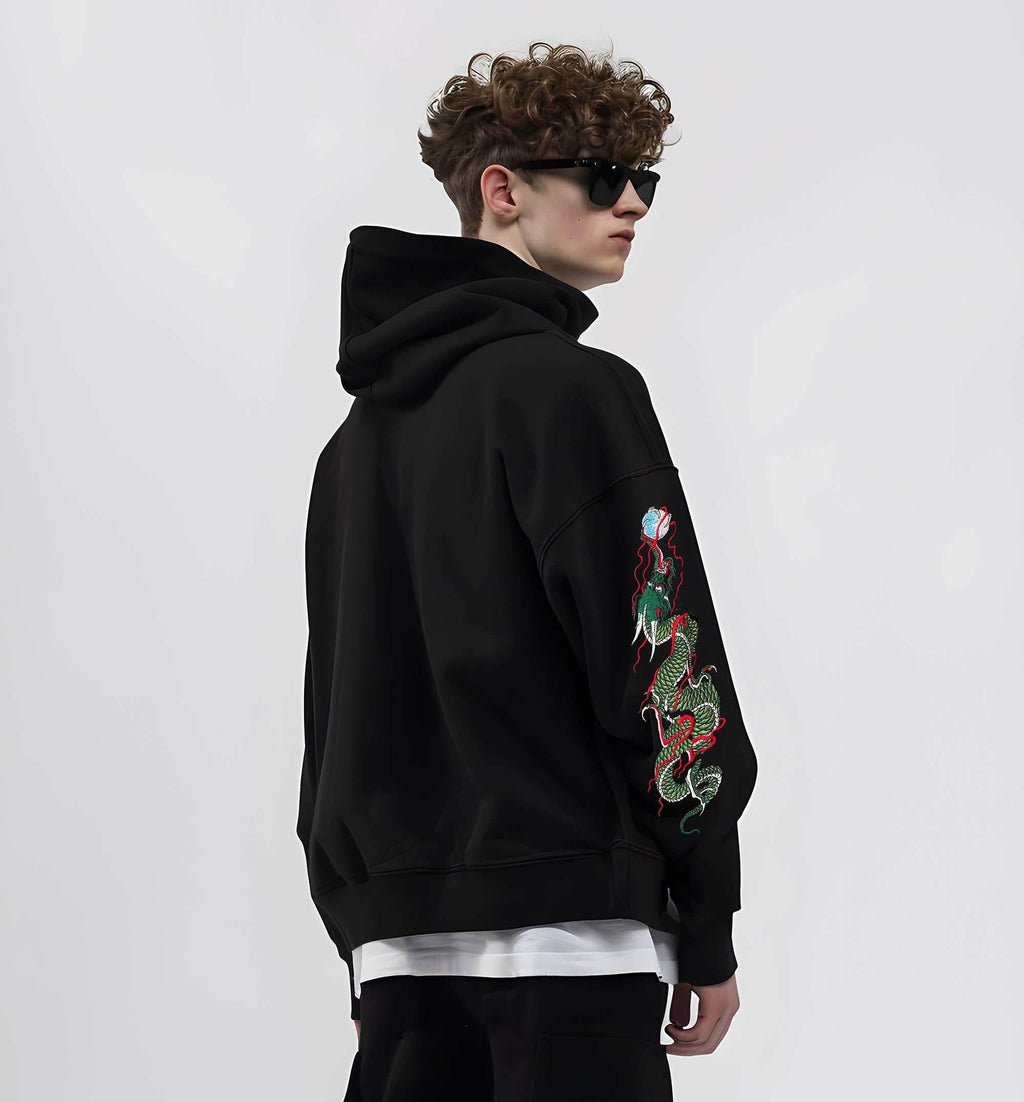 KH9005 Green Dragon Embroidery Hoodie - Black / S