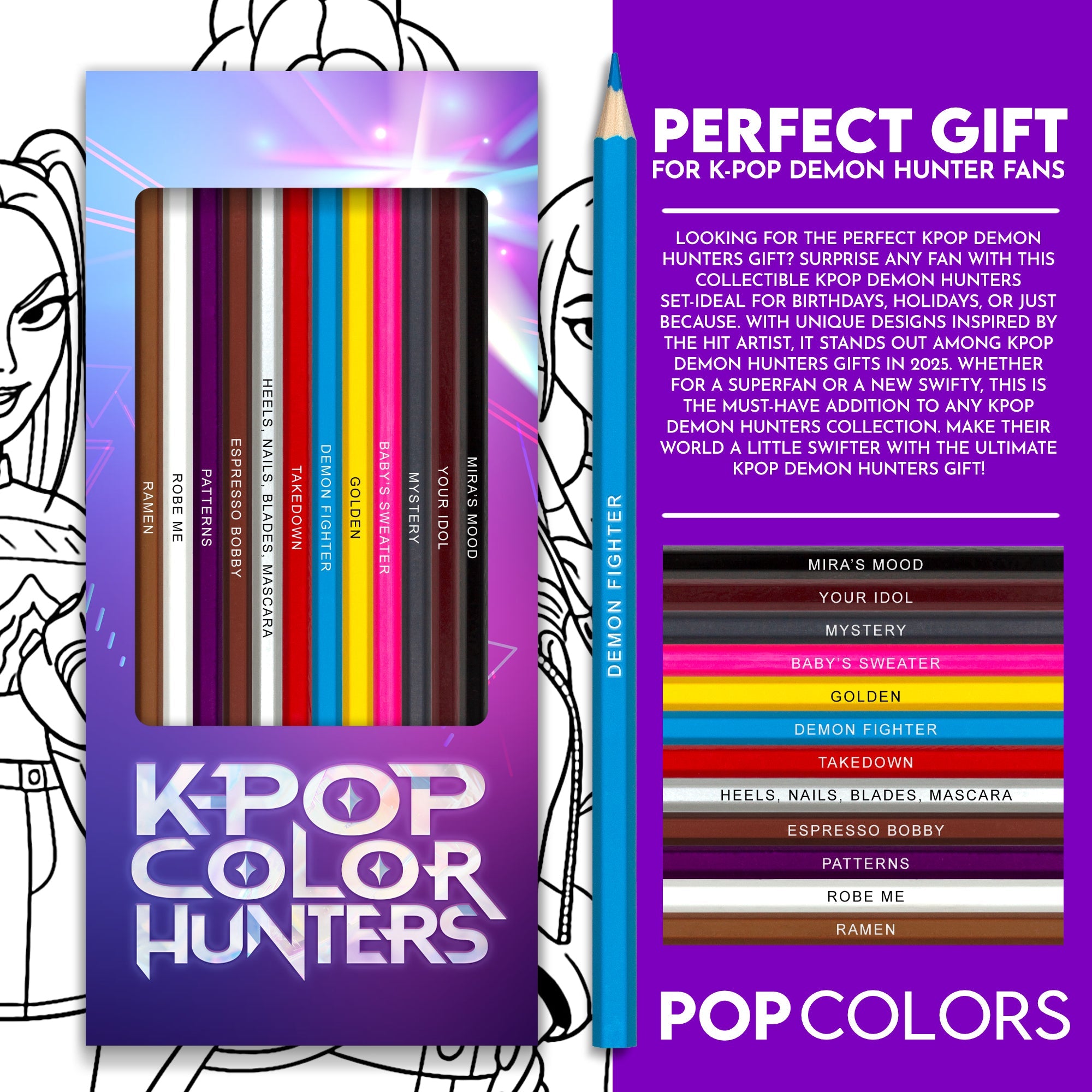 K-Pop Color Hunters Colored Pencil Set for Fans of K-Pop Demon Hunters