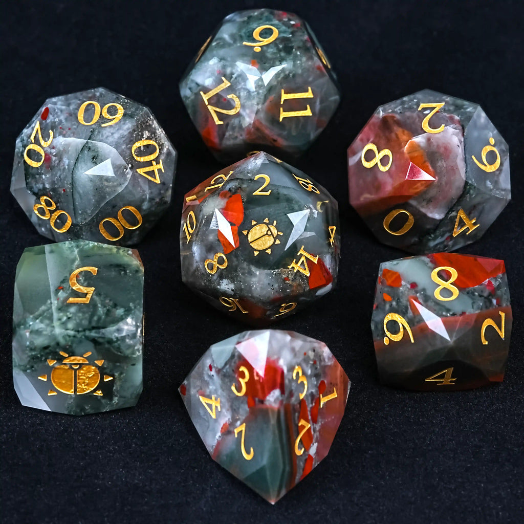 Kickstarter Dice - Natural Bloodstone DND Gemstone Dice Set - Khepri's Blessing
