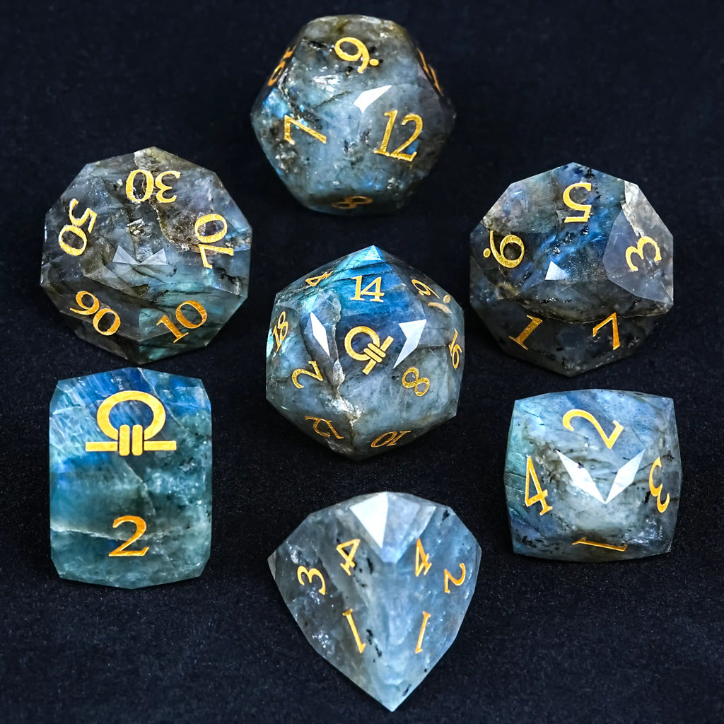 Kickstarter Dice - Natural Labradorite DND Gem Dice Set - Ring of Order