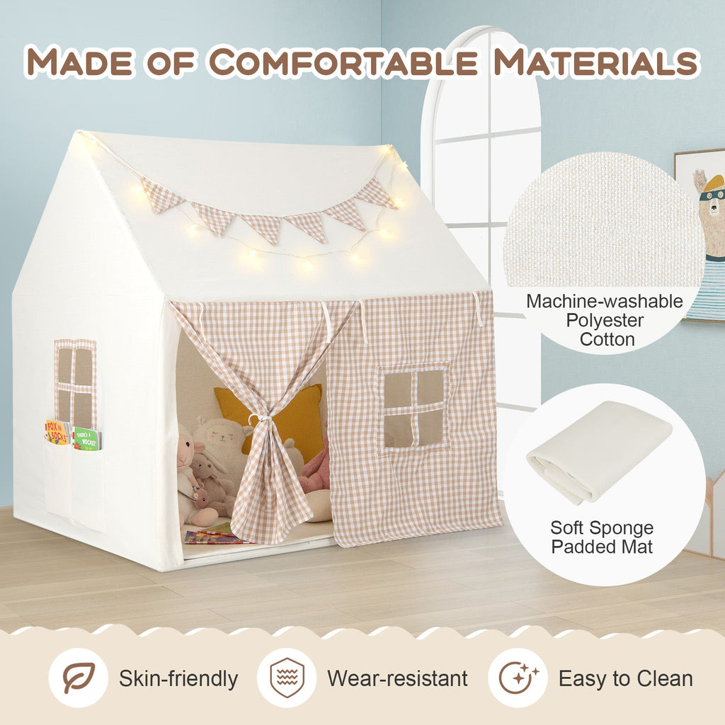 Kids Play Tent Large Playhouse with Padded Mat and 2 Breathable Windows-Beige