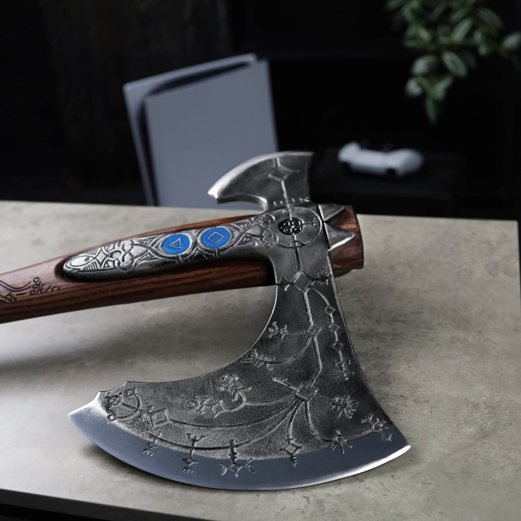 Hand-forged "Ragnarok Kratos axe" with carved handle and Luminescent Glow-in-the-Dark Runes