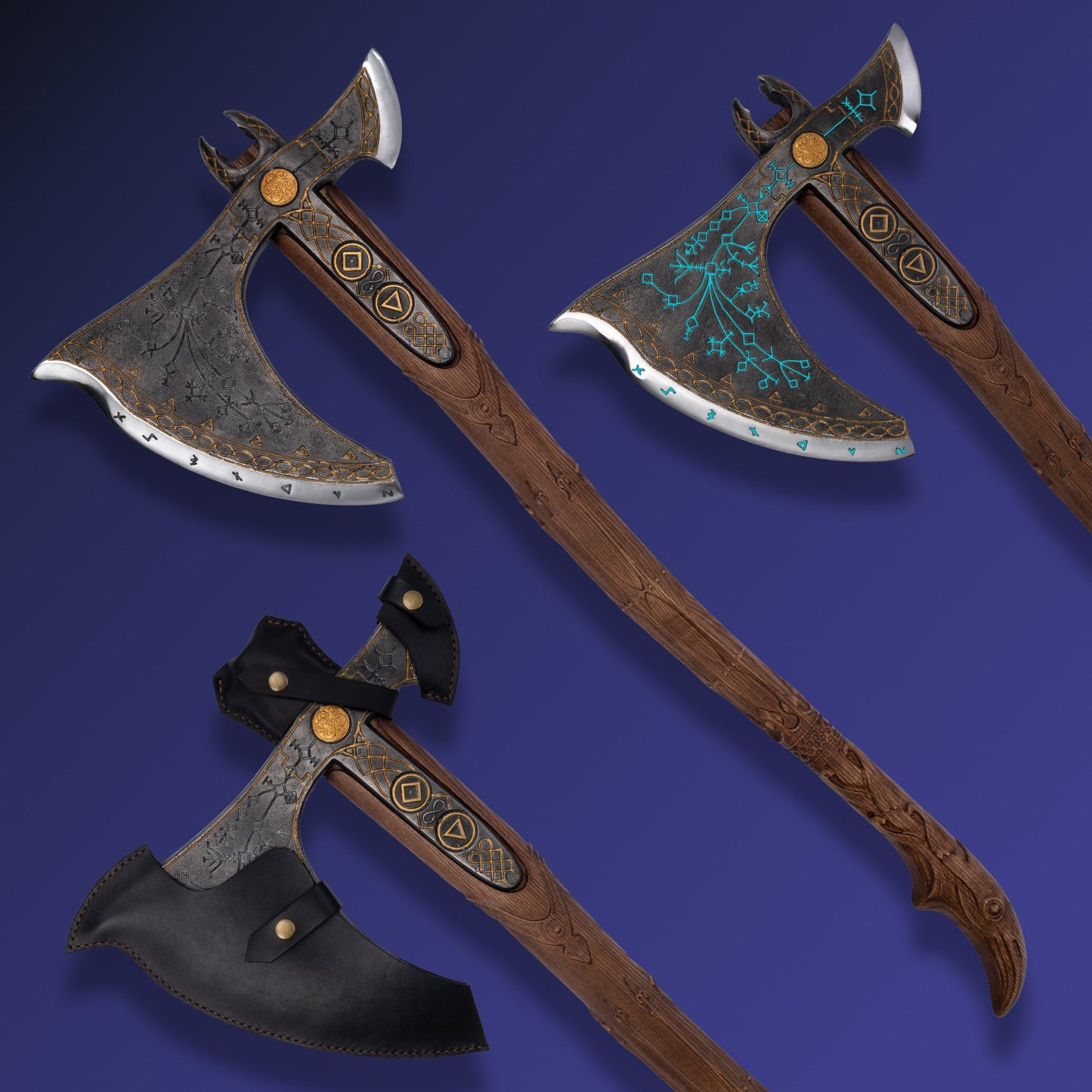 Handcrafted Leviathan axe with leather cover and glow in the dark runes