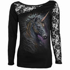 CELTIC UNICORN - Lace One Shoulder Top Black