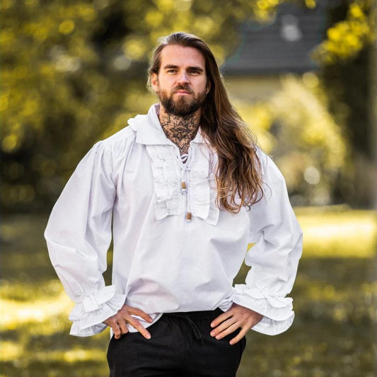 White Cotton Long Sleeve Viking Shirt | Ruffled Neckline & Wrists