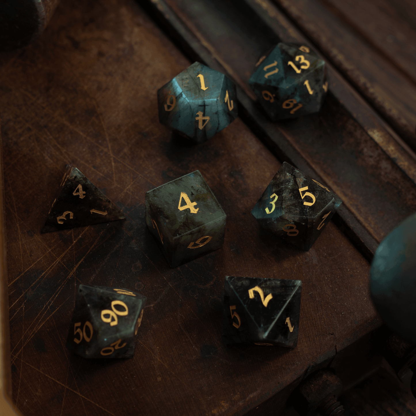 Labradorite Gemstone DND Dice Set - Full Set And Free Dice Box