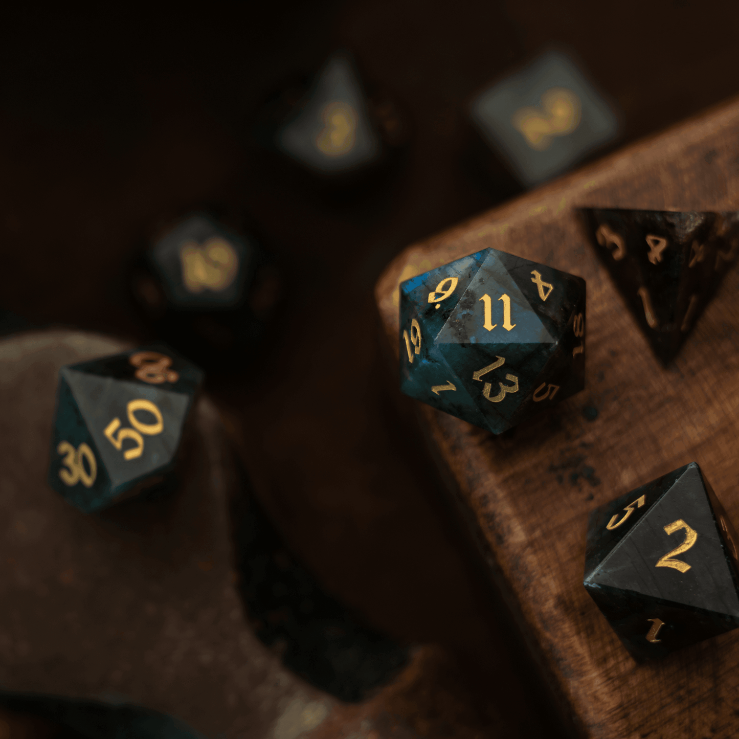 Labradorite Gemstone DND Dice Set - Full Set And Free Dice Box