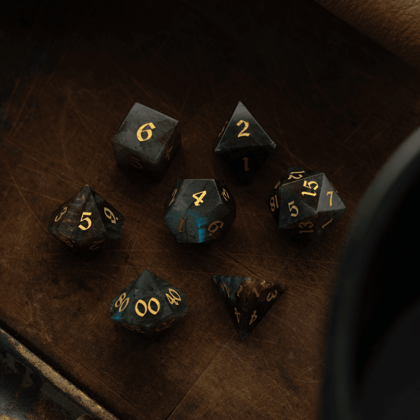 Labradorite Gemstone DND Dice Set - Full Set And Free Dice Box