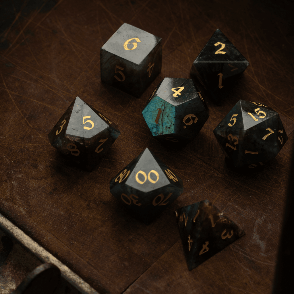 Labradorite Gemstone DND Dice Set - Full Set And Free Dice Box
