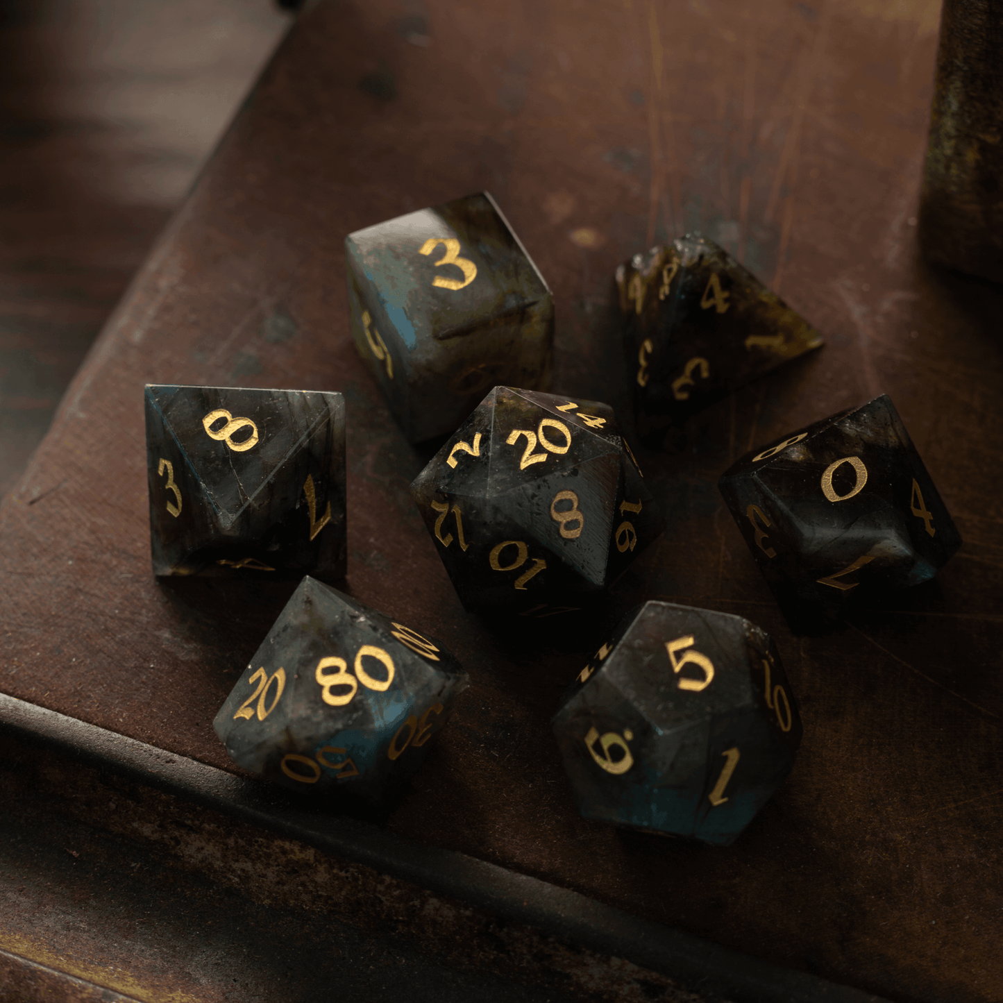 Labradorite Gemstone DND Dice Set - Full Set And Free Dice Box