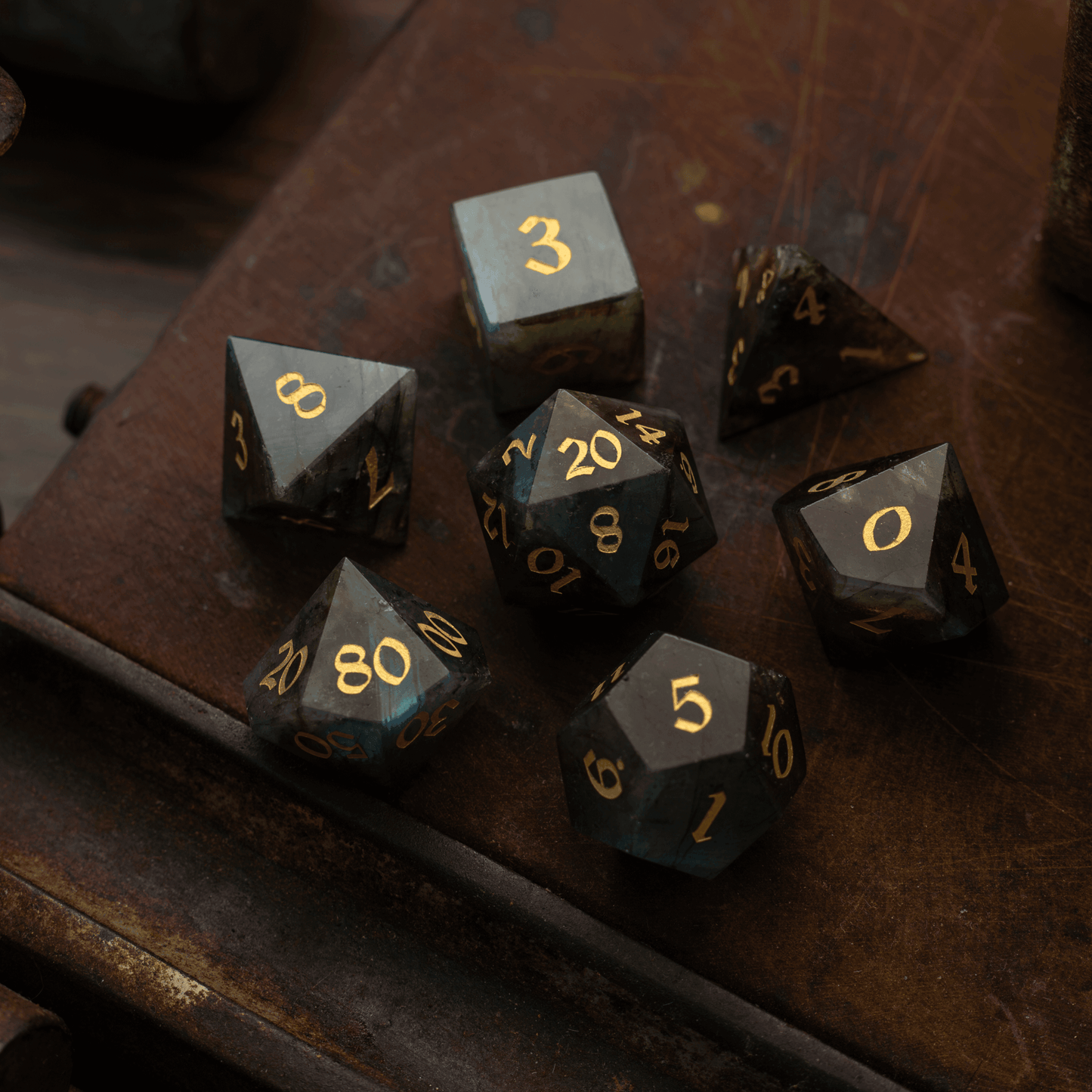 Labradorite Gemstone DND Dice Set - Full Set And Free Dice Box