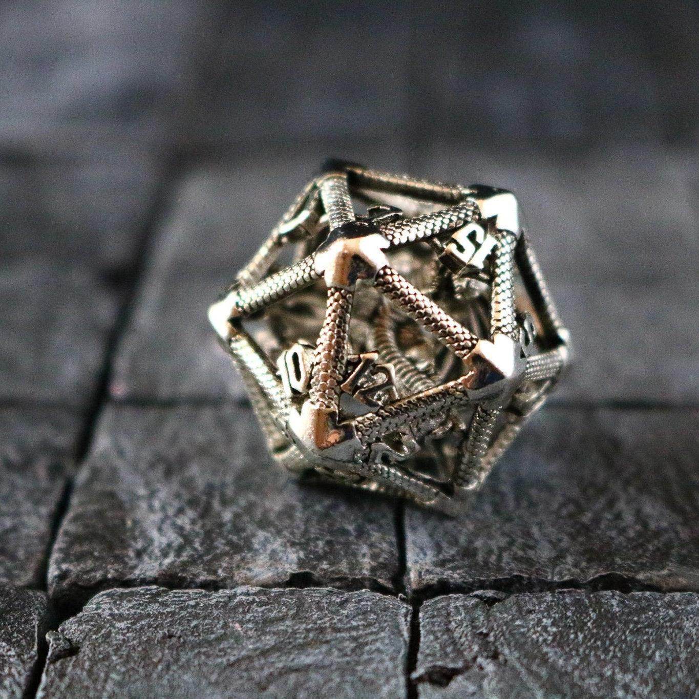 Large Caged Dragon D20 DND Silver Tabletop Gaming Dice - Only 1 D20