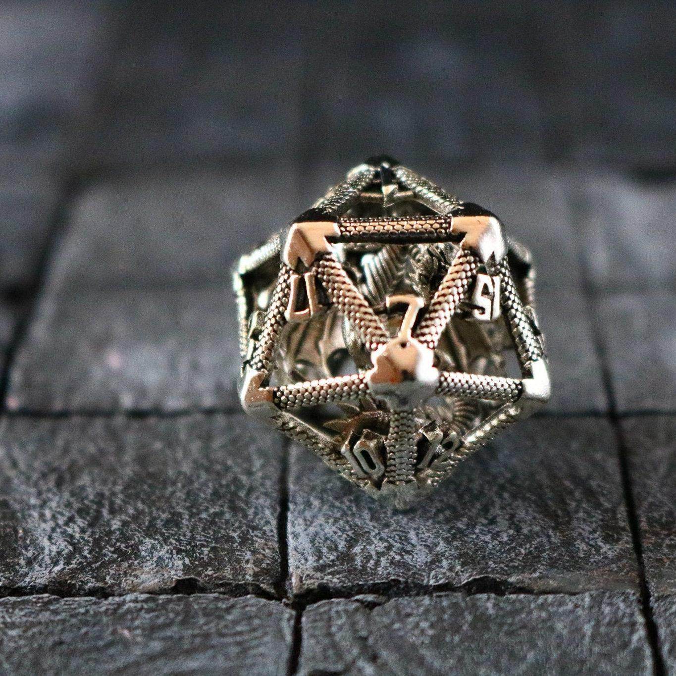 Large Caged Dragon D20 DND Silver Tabletop Gaming Dice - Only 1 D20