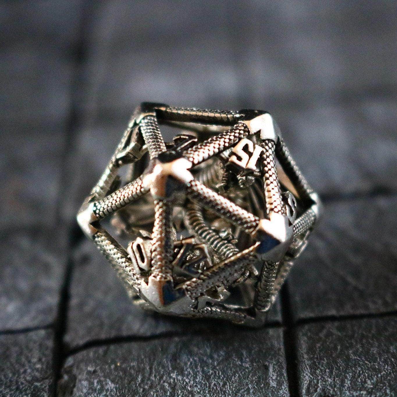 Large Caged Dragon D20 DND Silver Tabletop Gaming Dice - Only 1 D20