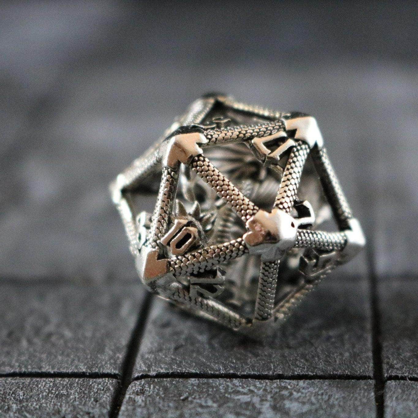 Large Caged Dragon D20 DND Silver Tabletop Gaming Dice - Only 1 D20