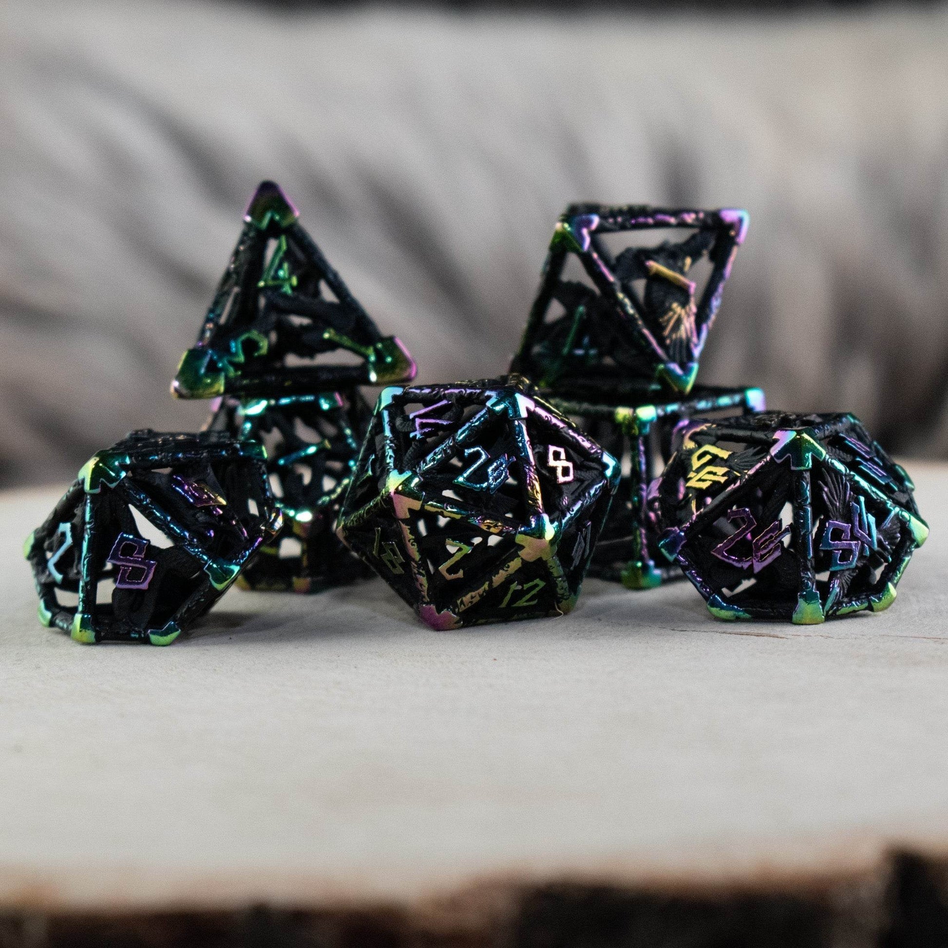 Legends of Valhalla - Matte Black and Iridescent Hollow Metal Dice Set - 