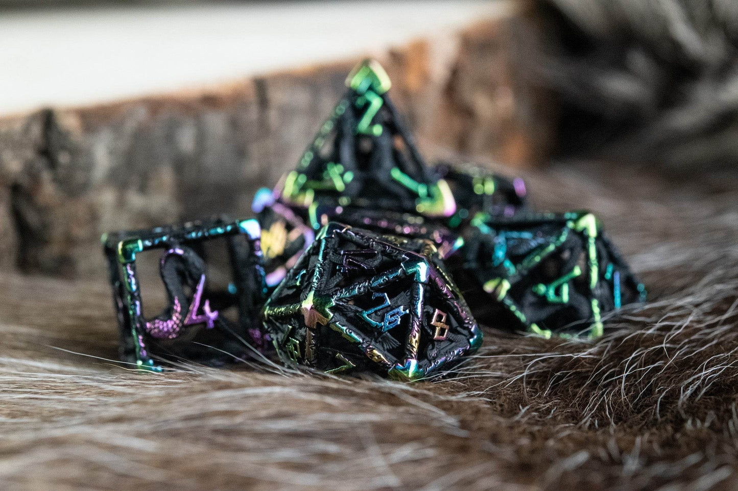 Legends of Valhalla - Matte Black and Iridescent Hollow Metal Dice Set - 