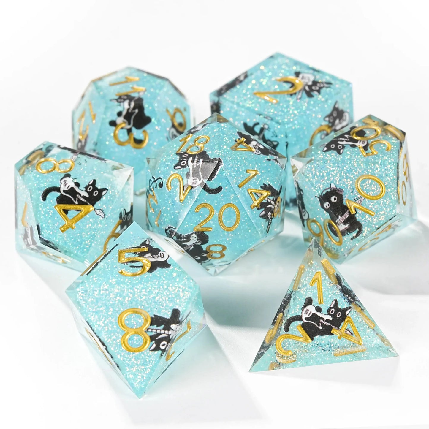 Dynamic Music Black Cat Light Blue Glitter Resin DND Dice Set