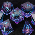 Purple transparent resin liquid core dragon eye DND dice set + Blue Font
