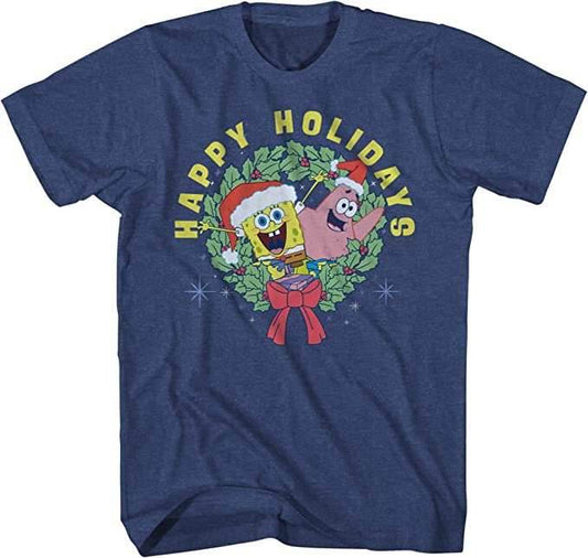 Mad Engine SpongeBob and Patrick Wreath Joy Happy Holidays Short Sleeve Christmas T-Shirt - S
