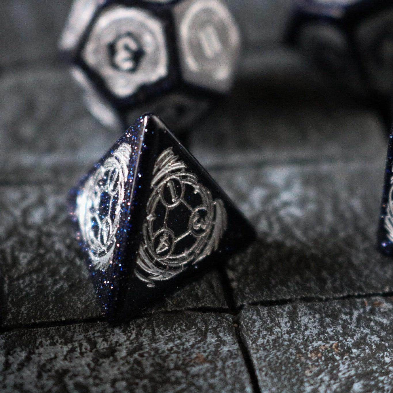 Mage Fury Blue Sandstone Silver Font Gemstone DND Dice Set - Full Set And Free Dice Box