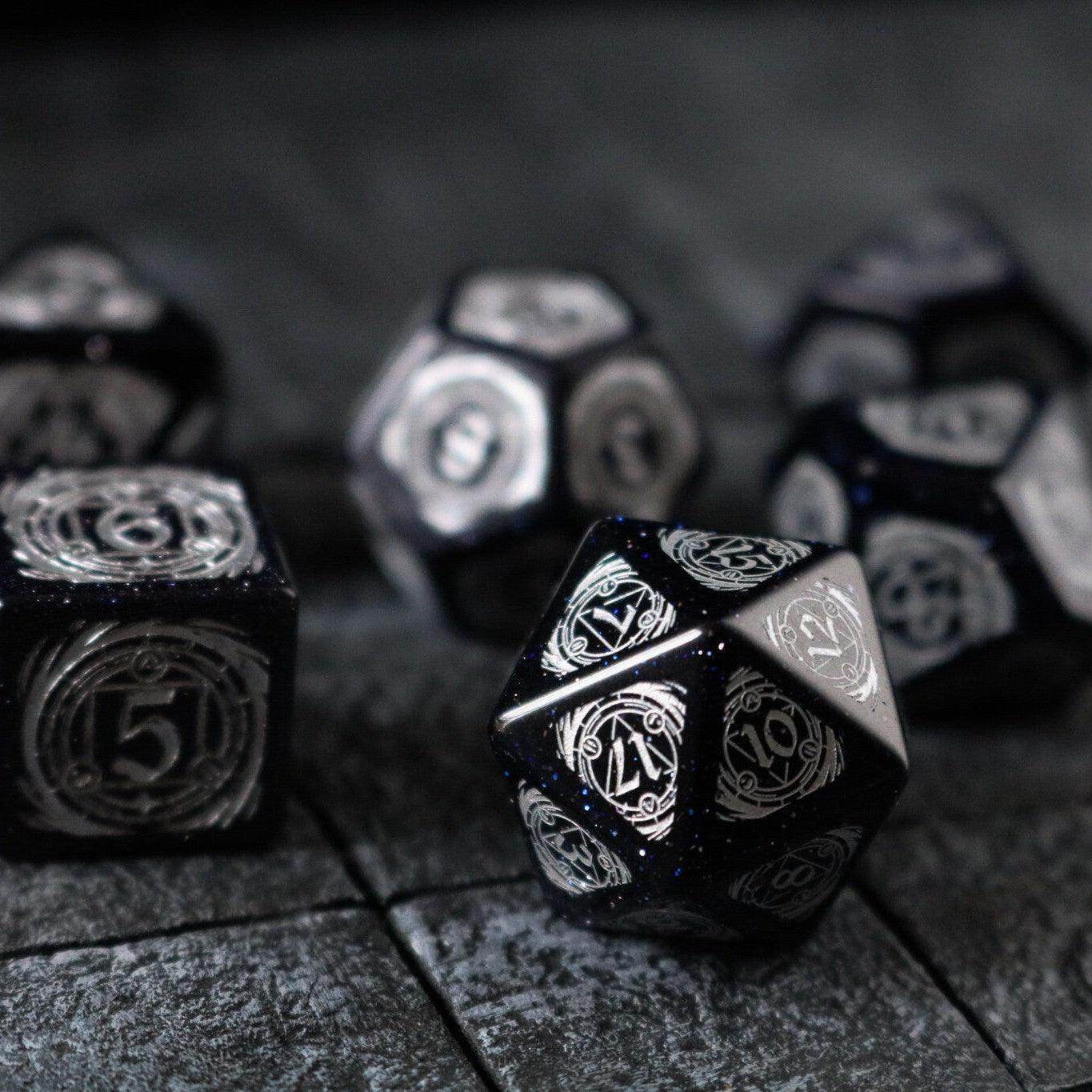 Mage Fury Blue Sandstone Silver Font Gemstone DND Dice Set - Full Set And Free Dice Box