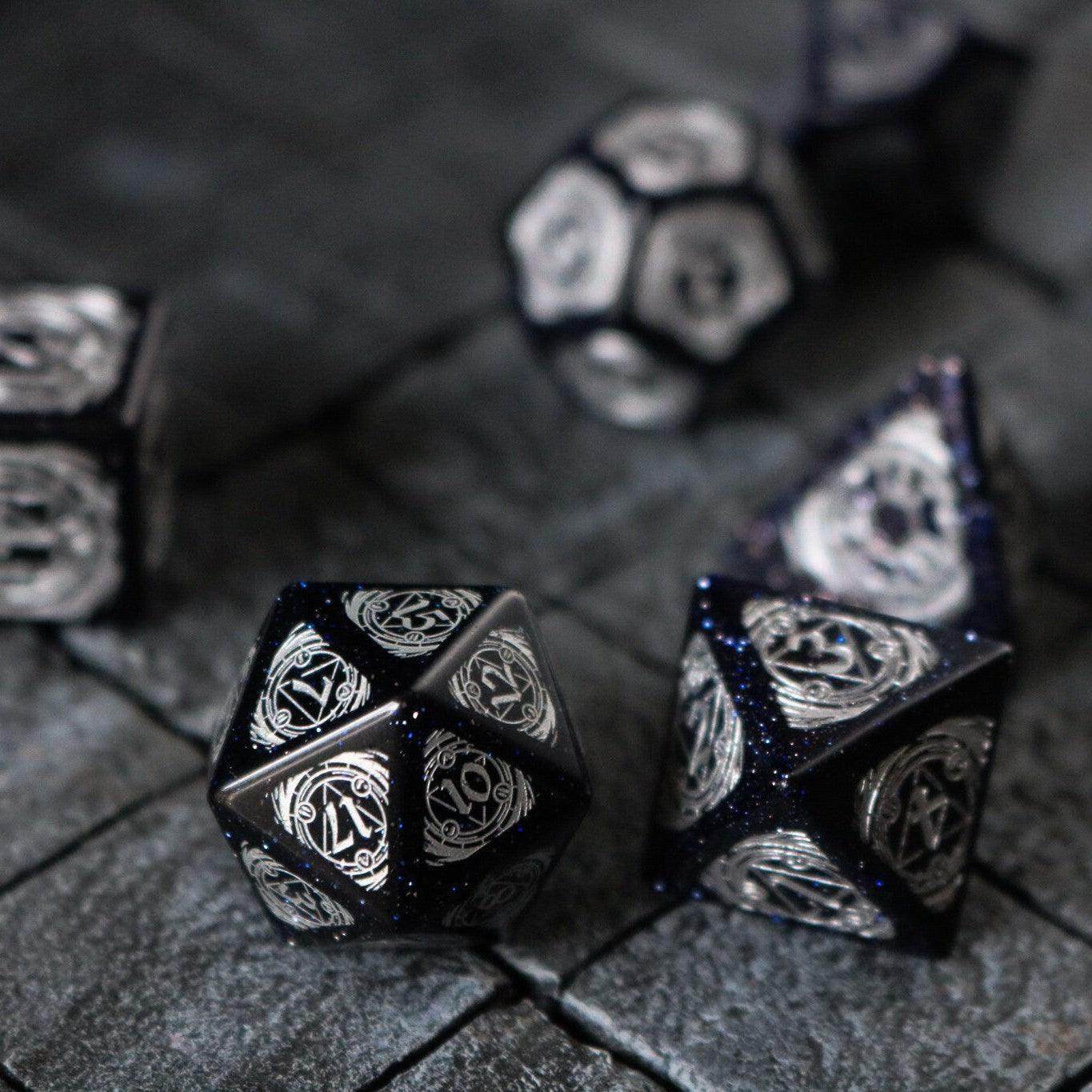 Mage Fury Blue Sandstone Silver Font Gemstone DND Dice Set - Full Set And Free Dice Box