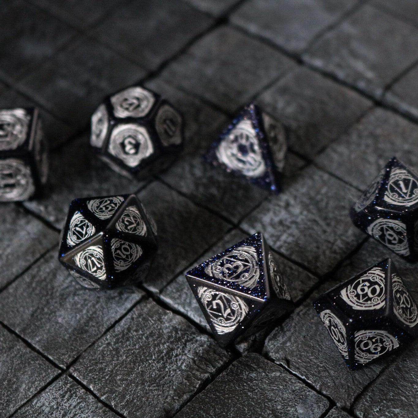 Mage Fury Blue Sandstone Silver Font Gemstone DND Dice Set - Full Set And Free Dice Box