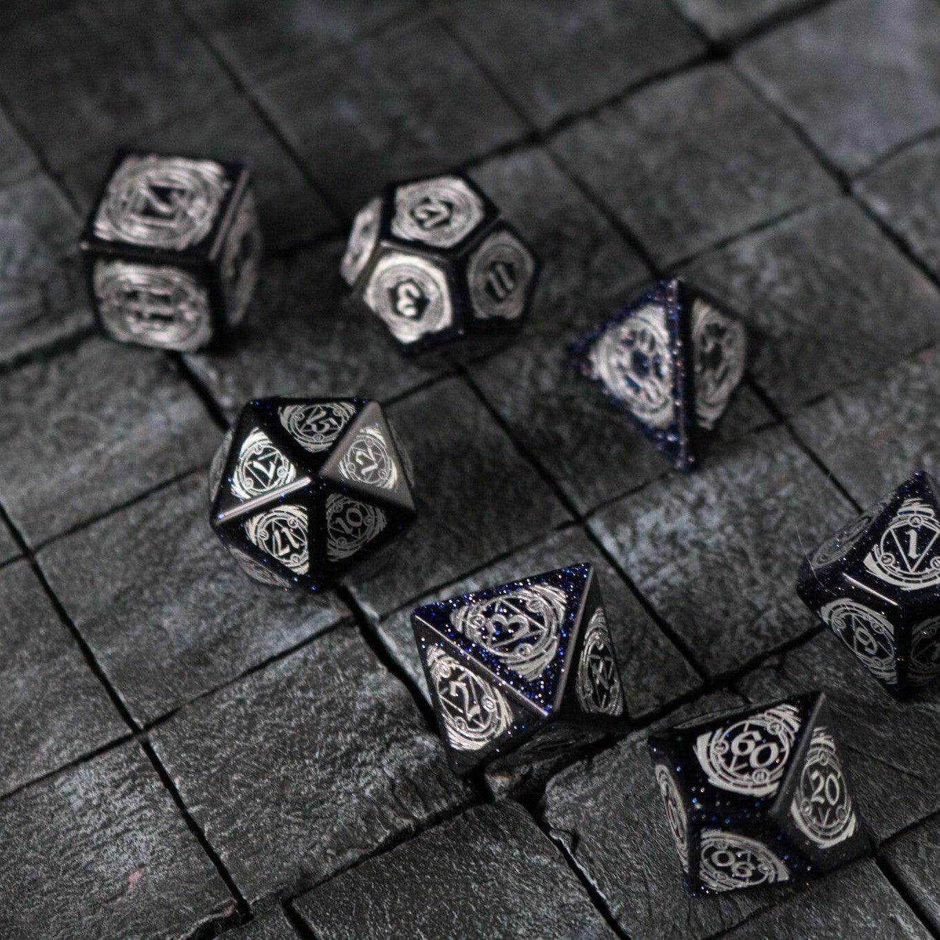 Mage Fury Blue Sandstone Silver Font Gemstone DND Dice Set - Full Set And Free Dice Box