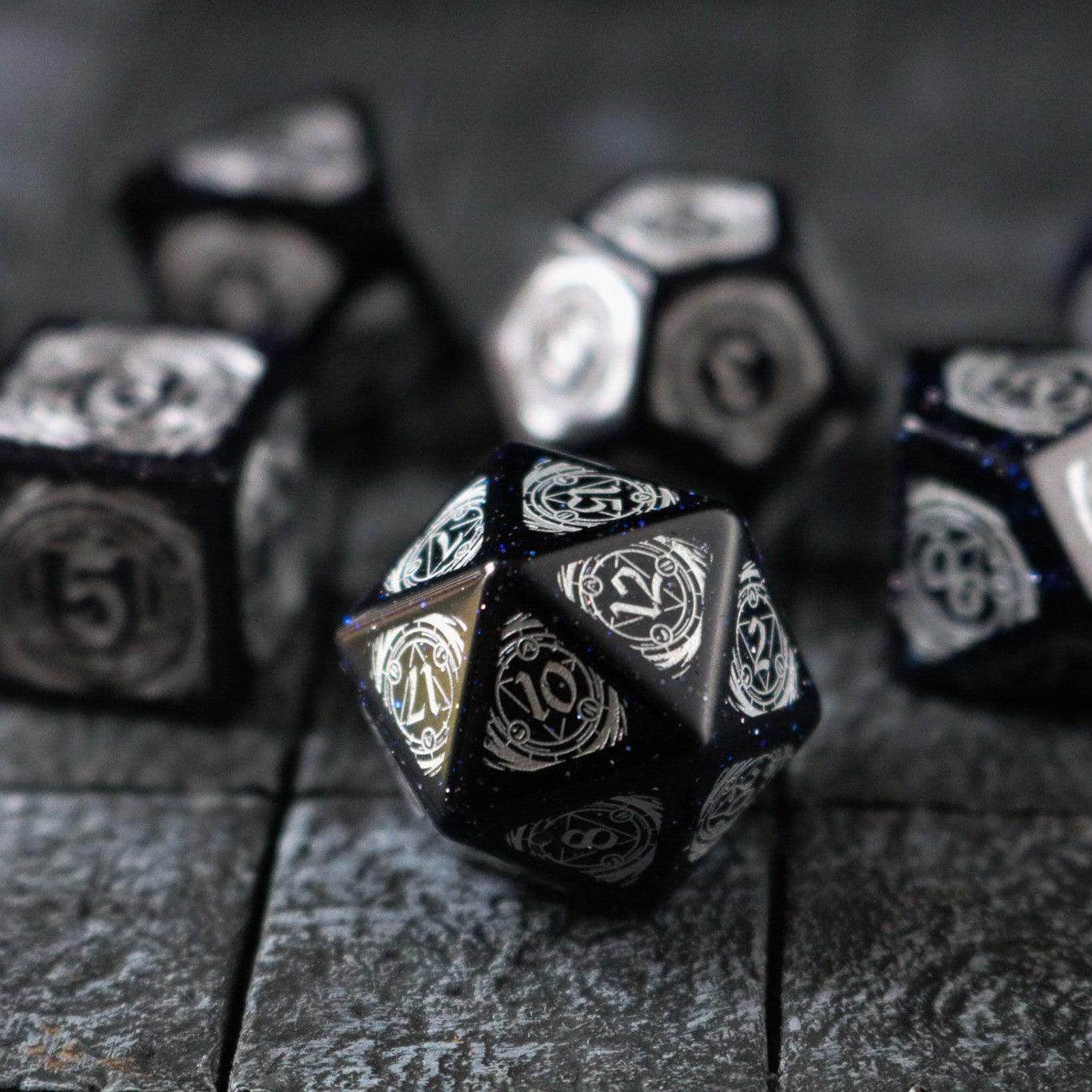 Mage Fury Blue Sandstone Silver Font Gemstone DND Dice Set - Full Set And Free Dice Box