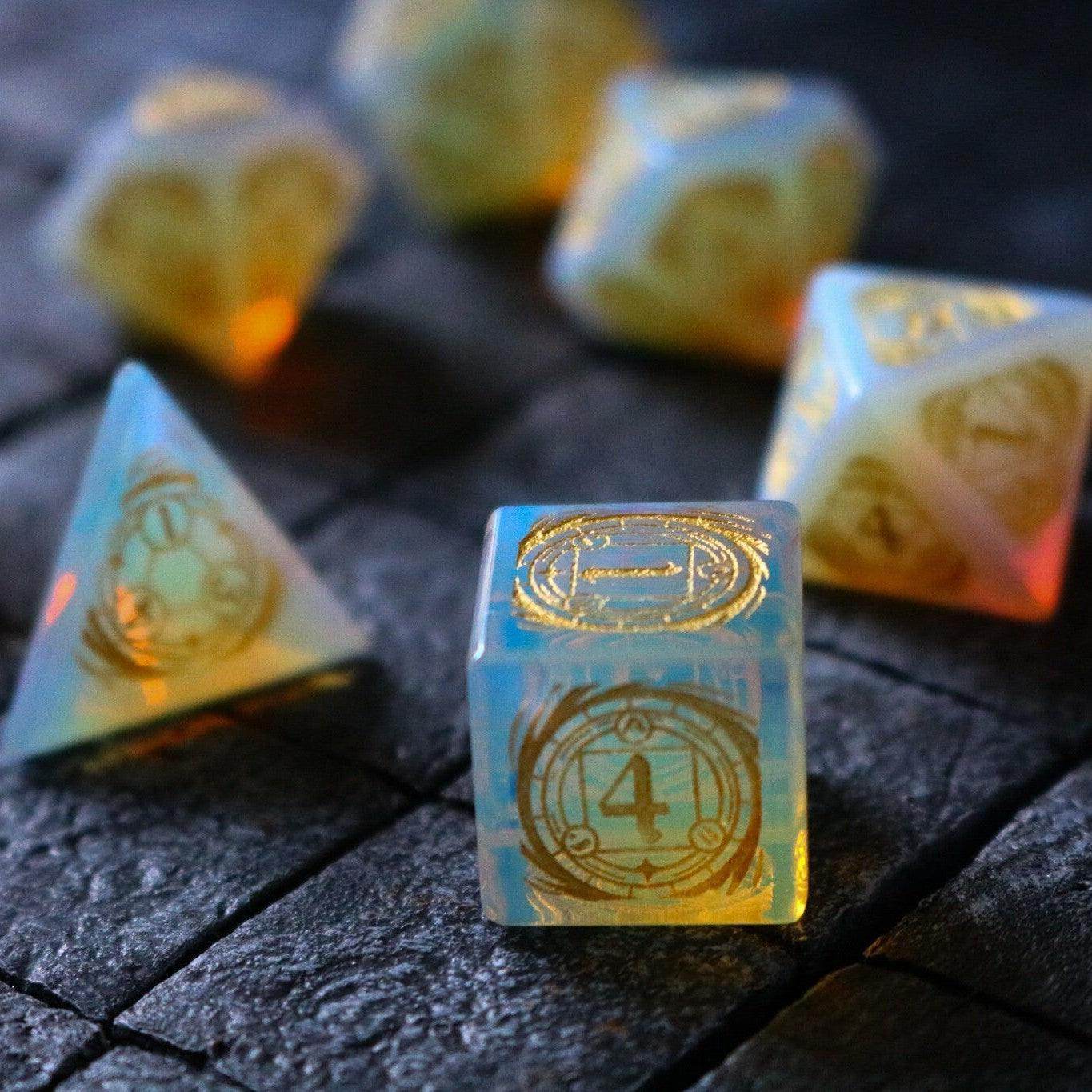 Mage Fury Gemstone Opalite Hand Carved DND Dice Set - Full Set And Free Dice Box